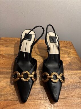 Dolce Vita Black Pointed Slingback Heels with Gold Chain Detail